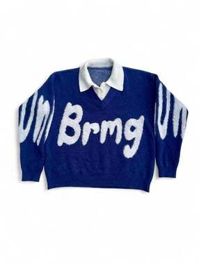 Men's Patchwork Polo Collar Pullover Sweater with Letter Print